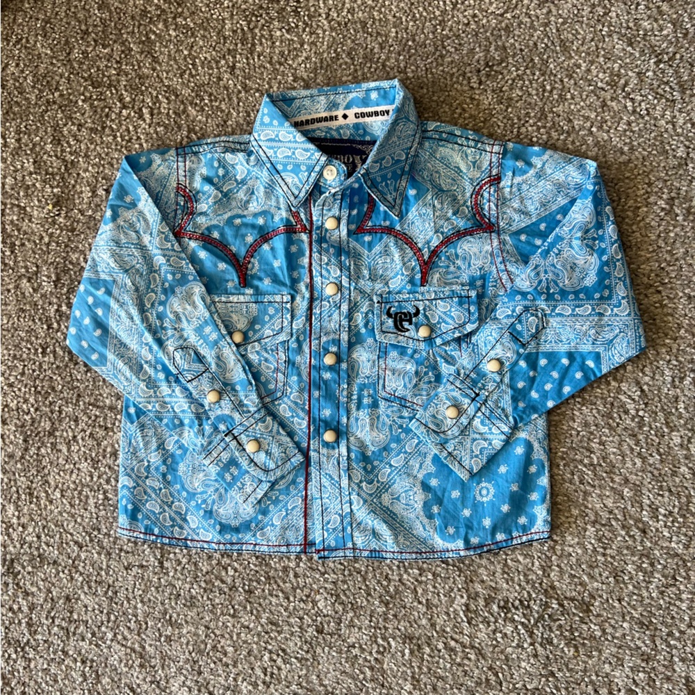 Cowboy hardware shirt baby boy 6m‎ blue paisley pearl snap western rodeo cowboy